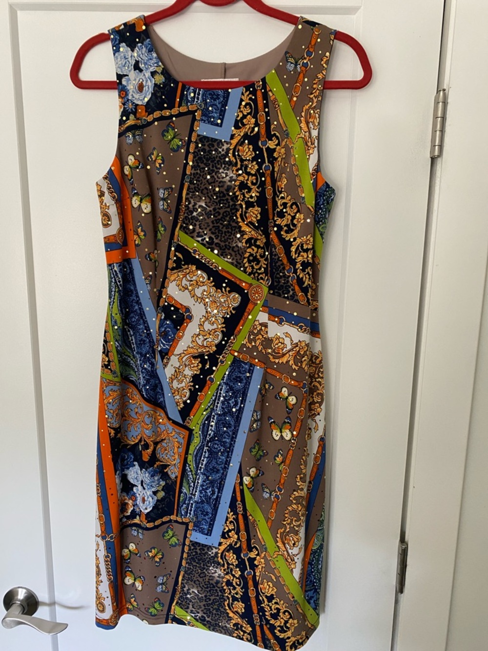 Joseph Ribkoff Sleeveless Patchwork Midi Dress in Brown, Blue, Orange and Green